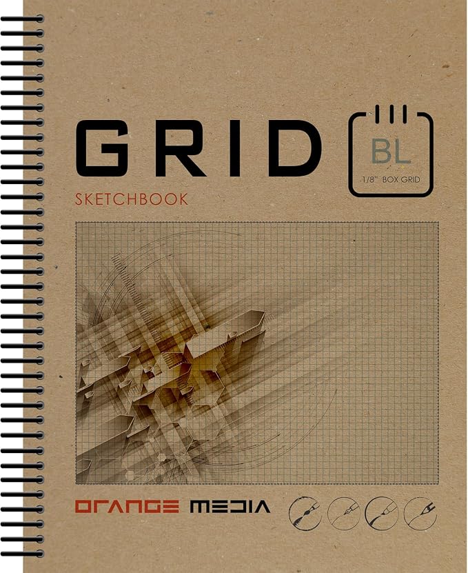 Orange Media Grid Sketchbook. Spiral Bound. Left Spine. Multi-Media. (8.5" x 11") 1/8" Box. (Blue Grid). SB-2550-LS