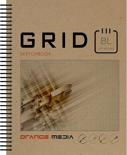 Orange Media Grid Sketchbook. Spiral Bound. Left Spine. Multi-Media. (8.5" x 11") 1/8" Box. (Blue Grid). SB-2550-LS