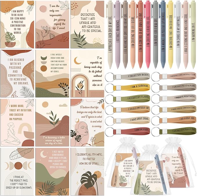Mooliwe 24 Set Positive Affirmation Gift Set Gratitude Notebooks with Pens Keychains Small Bags Motivational Party Favors for Adult Women Coworkers Employee Group (Groovy)