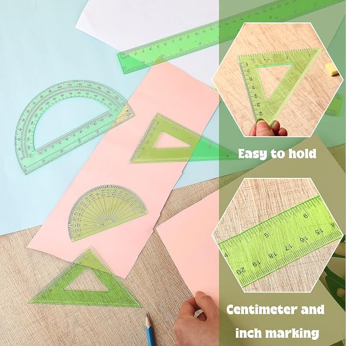 Zonon 7‑Piece Geometry Set with Drawing Compass, 6 & 4 Inch Protractors, Triangle Rulers and Straight Rulers, Transparent Math Drafting Supplies for Back to School, Students and Office Use(Green)