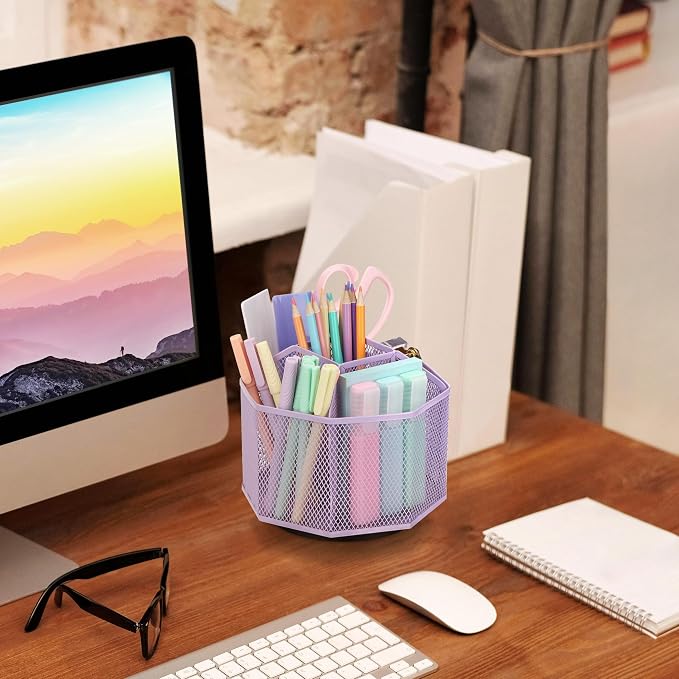 Exerz Desk Organizer 360 Rotating Pen Holder Storage Caddy Light Purple | Smooth Spinning Base With Open Mesh Sections Easy Access To Pens Brushes Scissors Daily Desk Tools