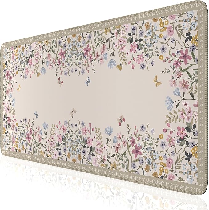iCasso Floral Desk Mat for Keyboard and Mouse,Cute Gaming Mouse Pad XXL,Anti-Slip Desk Matt for Desktop,Soft Lycra Surface Computer Mat Women,Girly Big Mousepad for Home Office (Beige)
