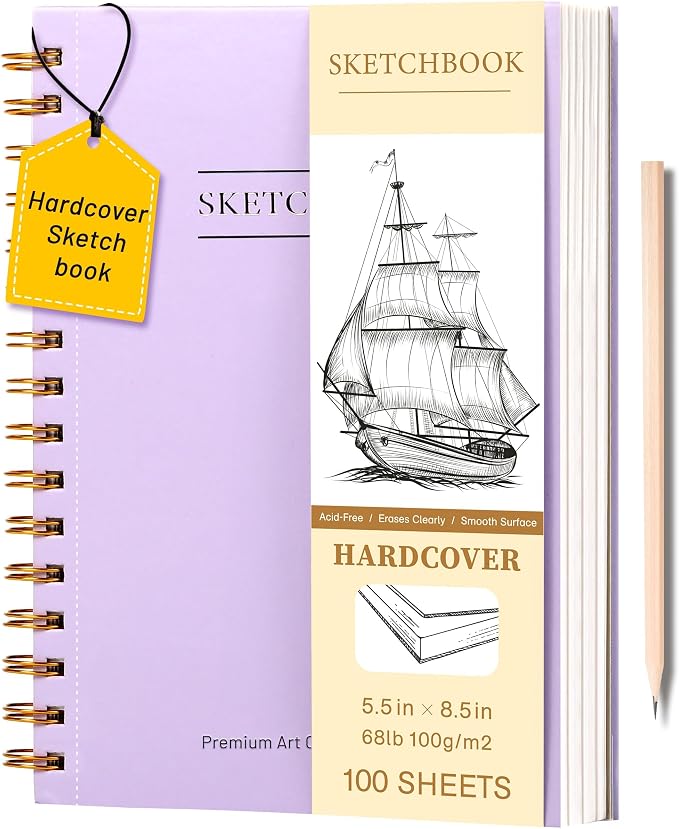 Yoment 5.5" x 8.5" Sketch Book, Small Sketchbook for Drawing, 100 Sheets(68 lb/100gsm) Hardcover Spiral Sketch Pad for Kids with Pencil Art Sketchbook Drawing Paper Pad Book for Adults Artists,Purple