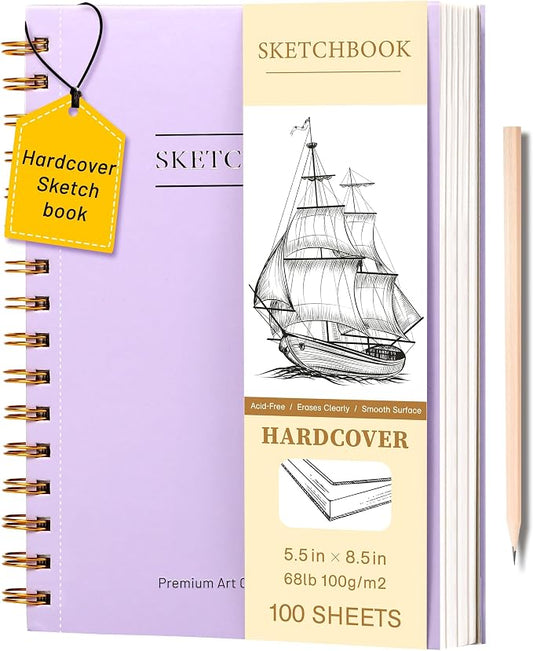 Yoment 5.5" x 8.5" Sketch Book, Small Sketchbook for Drawing, 100 Sheets(68 lb/100gsm) Hardcover Spiral Sketch Pad for Kids with Pencil Art Sketchbook Drawing Paper Pad Book for Adults Artists,Purple
