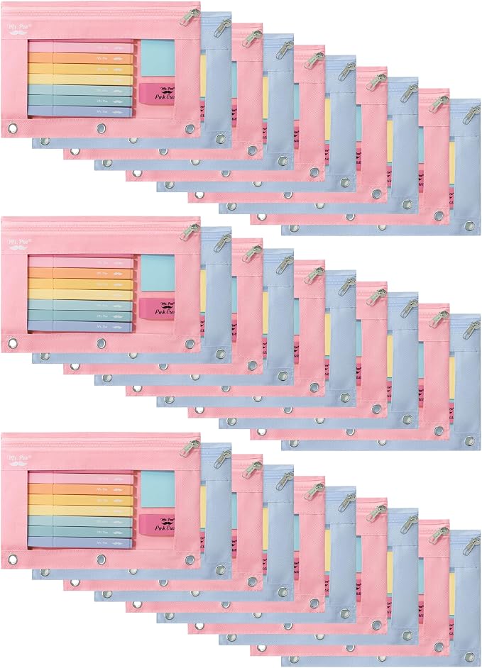 Mr. Pen- Pencil Pouch for 3 Ring Binder, 30 Pack, 10"x6.75", Smooth Zipper | Clear Window, Bulk Large Capacity Pencil Case with 3 Reinforced Grommets for School, Office, Supplies Storage | Clear Window, Bulk Large Capacity Pencil Case with 3 Reinforced...
