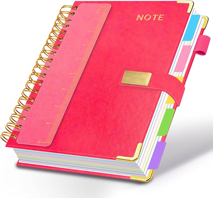 Hardcover Spiral Notebook 8''x 10'' College Ruled Notebook with Magnetic Closure, 300 Pages 5 Subject Notebooks with Pocket Dividers for Work School, B5 Leather Journal for Women, Men (Rose Red)