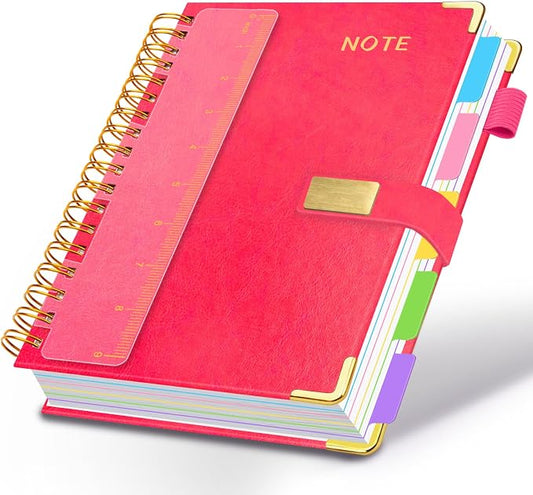 Hardcover Spiral Notebook 8''x 10'' College Ruled Notebook with Magnetic Closure, 300 Pages 5 Subject Notebooks with Pocket Dividers for Work School, B5 Leather Journal for Women, Men (Rose Red)