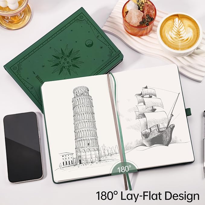 EMSHOI Blank Journal Notebook, 192 Pages, A5 Size (5.7'' x 8.3'') | Leather Hardcover, 100 GSM Thick Paper, Unlined, Plain, for Sketching, Drawing, Painting, Sun Debossed (Dark green)