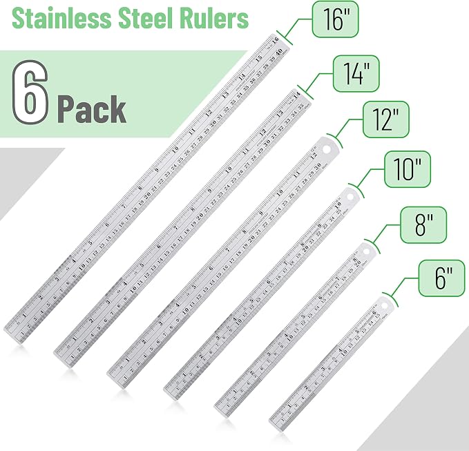 Mr. Pen- Metal Straight Edge Ruler, 6 pcs, 6", 8", 10", 12", 14", 16" | Stainless Steel Ruler Set, Imperial & Metric Measurements for Drawing, Home, Office, Engineering
