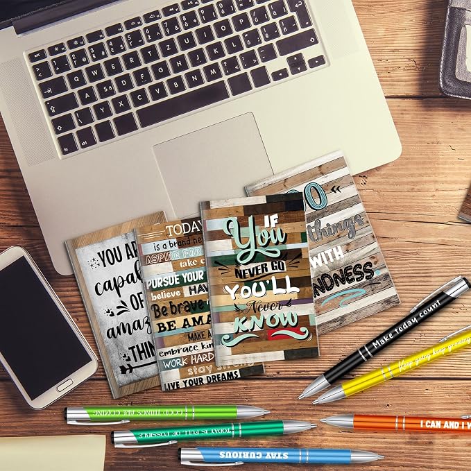 Geyee 24 Pcs Mini Motivational Pens Inspirational Notepads Bulk Appreciation Gifts Small Journals Funny Ballpoint Pen Set Prizes Men Women Office Travel Party Favors(Retro)