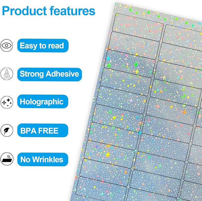 1" x 2-5/8" Address Labels- Holographic Color Stickers for Laser/Inkjet Printer mailing Labels 8.5"×11"- Holographic Star- 20 Sheet