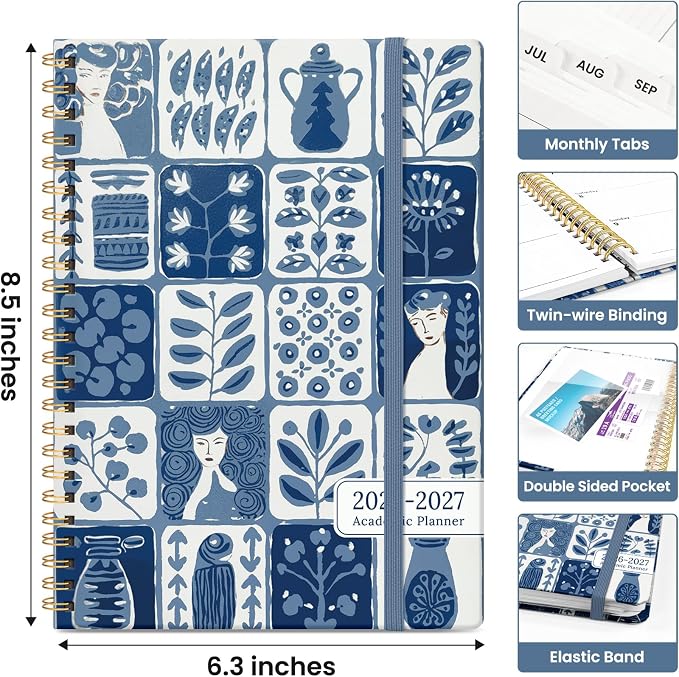 Planner 2026-2027, Academic Year Monthly and Weekly Calendar Planner, Jul 2026 - Jun 2027, Hardcover Teacher Student Planning Agenda book with Tabs, Perfect for School Office Supplies, 6.3" x 8.5" - Blue Art