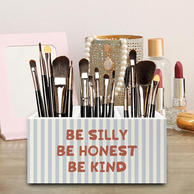 Inspirational Pen Pencil Holder Organizer for Desk, Be Silly Honest Kind Motivational Blue Striped Wooden Box Signs Decorations for Kids Nursery Room Bedroom Desk Tabletop, Inspirational Gifts