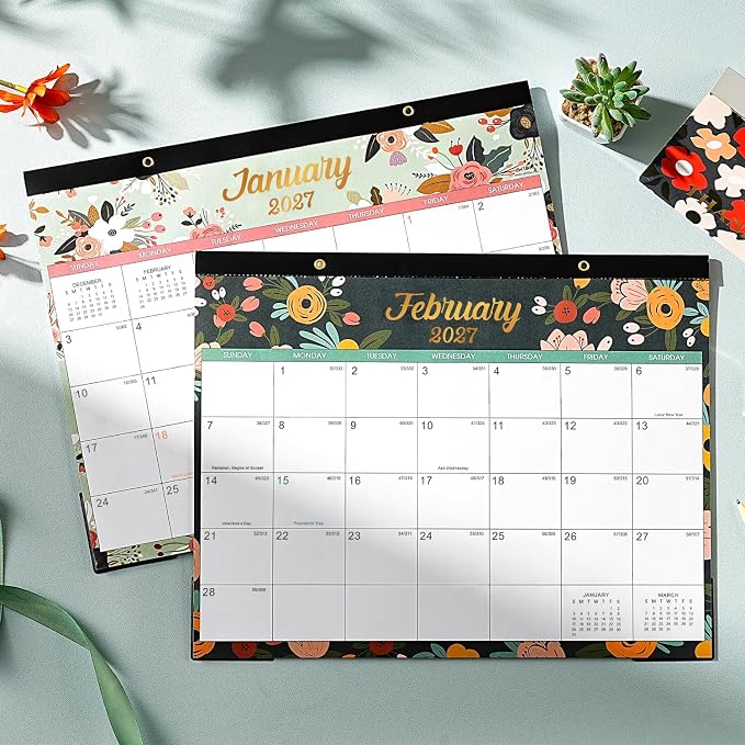 Desk Calendar/Calendar 2026-2027- Calendar 2026-2027, 12 Monthly Desk/Wall Calendar 26-27 Until December 2026,12" x 15", Thick Paper with Corner Protectors, Large Ruled Blocks - Floral