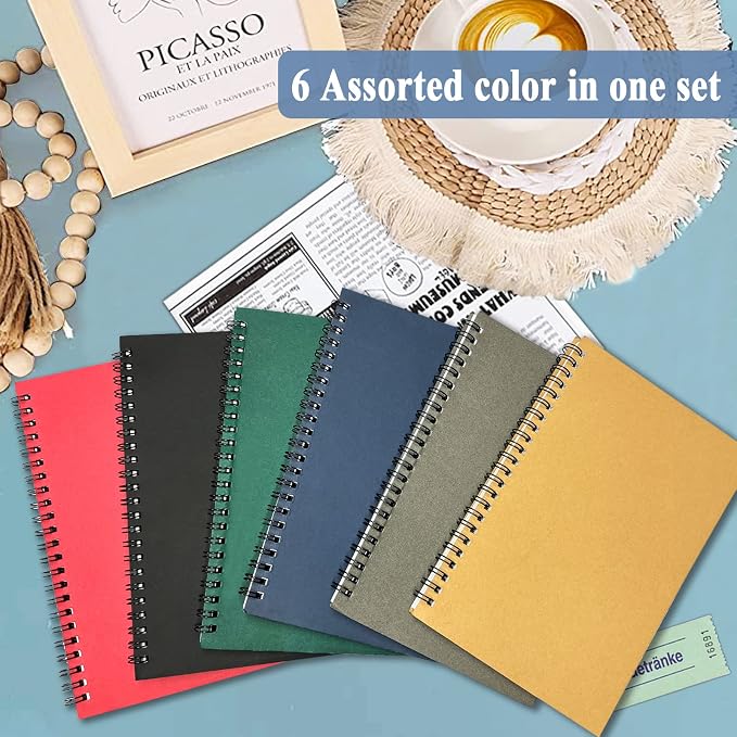 6Pack Spiral Notebook, 5.7x8.3” Small Notebooks for Work 120 Page Note Pads | A5 Multi Pack Spiral Bound College Ruled Notebook Journal for Writing Kraft Cover Lined Notepad for Office School Journaling