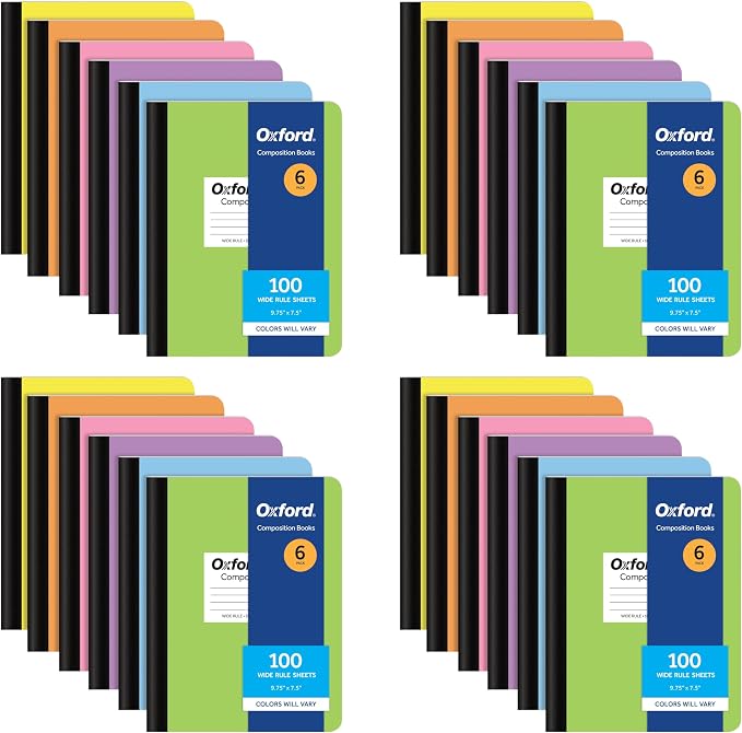 Oxford Composition Notebooks, 6 count, Cover Colors Vary, Wide Ruled Paper, 9-3/4 x 7-1/2 Inch School Journals, Assorted Pastel Covers, 100 Sheets, per Book (63759) (Pack of 4)