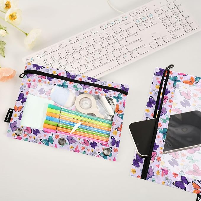 Butterfly Lavender Binder Pouches 3 Ring for Boys Girls School Office College Supplies Purple Rose Flower Pencil Pouches Case Bag with Clear Window and Zipper 2 Pack