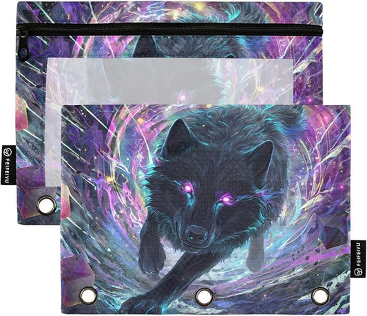 Black Wolf Purple Eyes Galaxy Pencil Pouch for 3 Ring Binder 2 Pack Zipper Binder Pencil Bag with Clear Window Pencil Case for Office Supplies