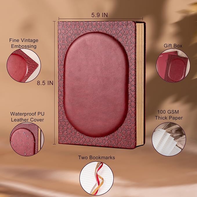 CAGIE Leather Journal for Women, 100 GSM 256 Lined Pages, A5 Hardcover | Wine Red vintage leather cover, gold edges, 100 GSM lined paper, ribbons, contents pages and gift box for daily writing