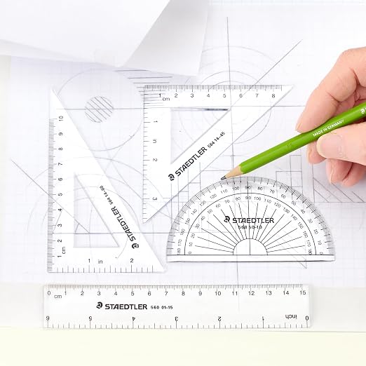 STAEDTLER Math Set - 4 pc Geometry Kit for Students - School Supplies with Clear Protractor, 6in Ruler & 2 Triangles – Metric & Imperial Scales (Pack of 3)
