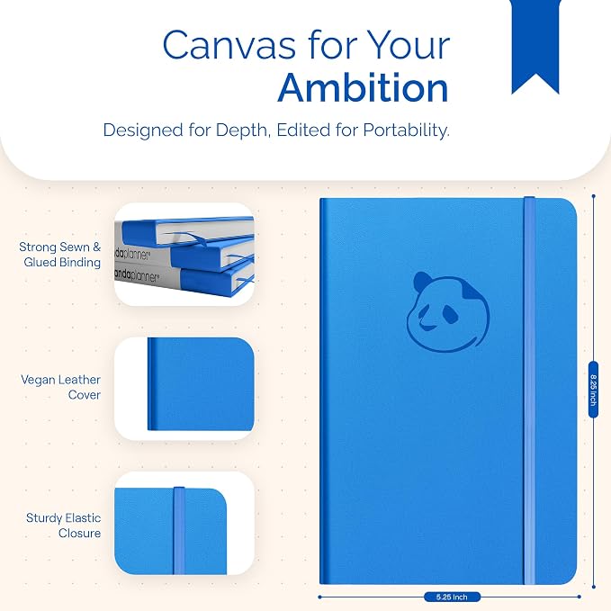 Panda Planner Classic A5 Undated Daily Planner 2026-2027, 8.25 x 5.75 Blue | Hourly schedule, to do list, habit tracker, gratitude journal, quarterly layout, 100 GSM paper