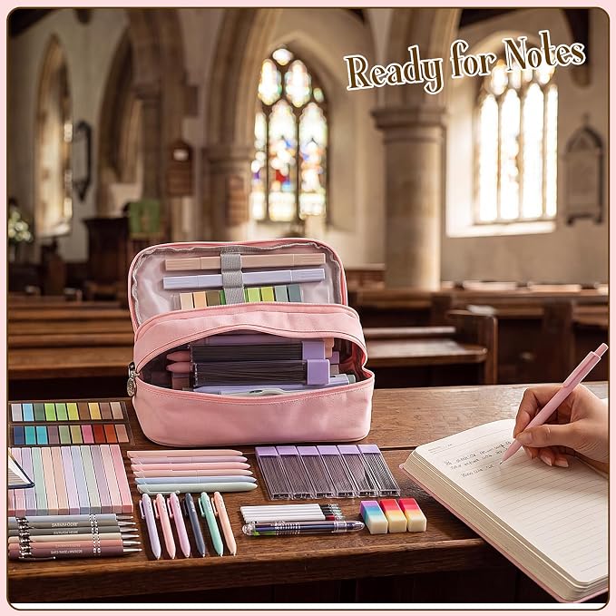 BESARME Pink Pencil Case with Supplies for College & Nursing Students 39ct | Back to School Supplies, 6 gel pens, 12 highlighters, 6 ballpoint pens, 6 mechanical pencils, refills, erasers