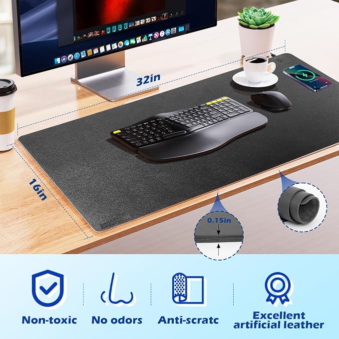Wireless Charging Desk Mat, Mouse Pad,Black-R, 32 * 16inch | Desk Pad for Desktop Charging, Large Mouse Pad, Waterproof Leather Computer Mat, Non-Slip Protector, For Keyboard and Mouse