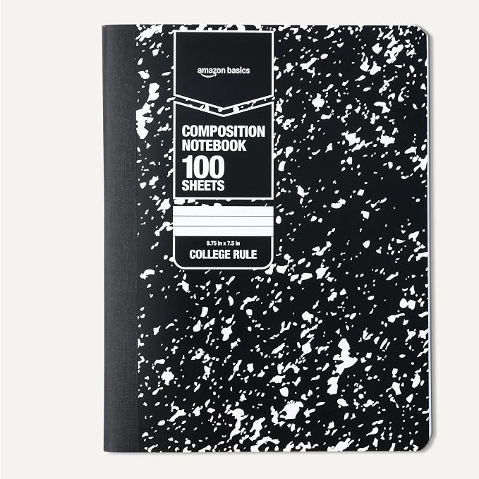 Amazon Basics Composition Notebook, College Ruled, 100 Sheets, 9.75" x 7.5", Marble Black, Sturdy Cover