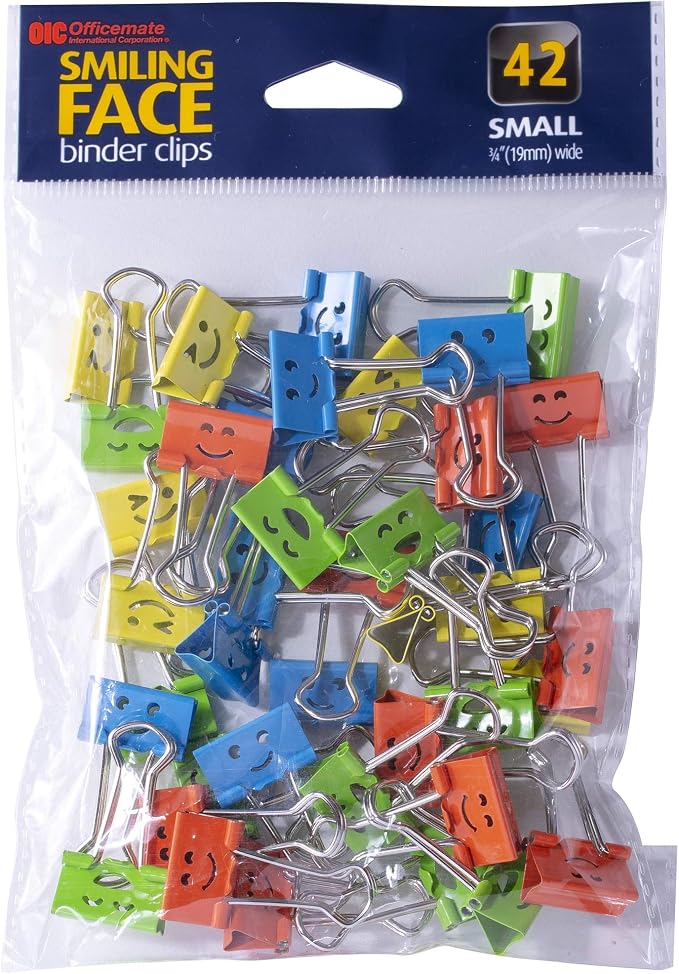 Officemate Happy Smiling Face Binder Clips, Small Size, 42 in Pack, Comes in Assorted Colors (31090)