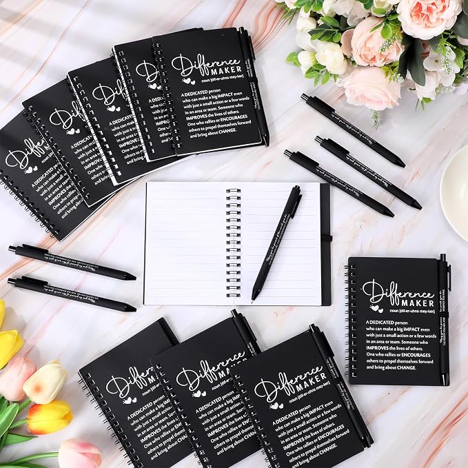 Resurhang 10 Sets Difference Maker Employee Appreciation Gift Bulk Inspirational A6 Spiral Notebook Journal Ballpoint Pens for Teacher Volunteer Coworker Team Back to School (Black)