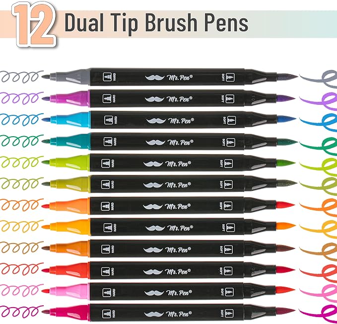 Mr. Pen- Dual Tip Brush Pens, 12 pcs, Vibrant Colors | Brush and Fine Tip Marker, Dual Tip Markers, Art Markers for Adults
