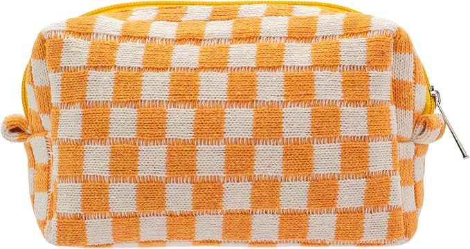 PAZIMIIK Checkered Makeup Bag for Purse Portable Zipper Make Up Pouch Small Cosmetic Case for Travel Accessories (Orange) | Cute Zipper Makeup Organizer for Women, Travel Essentials, Toiletries, Makeup Brushes, Beauty Accessories&Bridesmaid Gifts