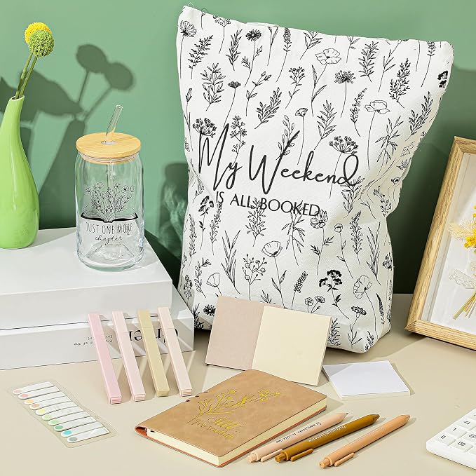 Havawish 14 Pcs Book Lovers Gift for Women 16 oz Glass Cup Tote Bag A6 Journal Notebook Pens Highlighters Sticky Notes Back to School Teacher Librarian Bookish Book Club(Khaki,Aesthetic)
