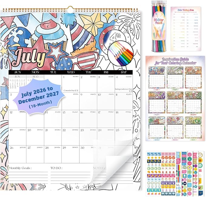Ospelelf 2026 Wall Calendar Large 17'' x 22'' Coloring Calendar for Family, Monthly Doodle Calendar Planner with Plastic Cover for Kids, Use Jan 2026 - June 2027, Season