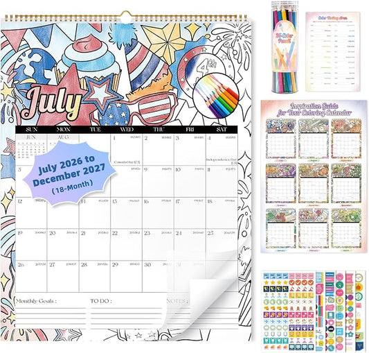 Ospelelf 2026 Wall Calendar Large 17'' x 22'' Coloring Calendar for Family, Monthly Doodle Calendar Planner with Plastic Cover for Kids, Use Jan 2026 - June 2027, Season
