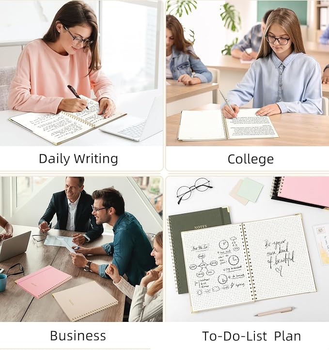 A4 Large Dotted Spiral Notebook Journal, (8.5×11'') 100 Pages 50 Sheets Linen Hardcover College Ruled Journaling For Work & Note Taking Thick Spiral Journal For Writing Daily Journal For Women & Men- White
