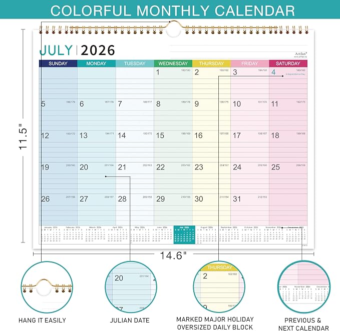 Calendar 2026-2027- Wall Calendar 2026-2027, July 2026 - December 2027, 18 Monthly Calendar with Thick Paper, 15" x 11.5", Hanging Hook - Colorful Lump