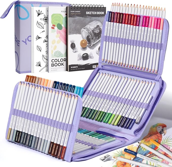 Four Candies Colored Pencils Set,120 Soft Colored Pencils for Coloring Books and Drawing,Blending,Shading. Non-Toxic Art Supplies with Portable Zipper Case & 3-Color Sketchbook for Artists, Beginners