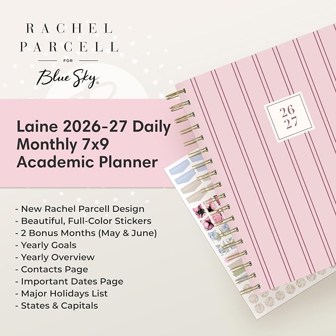 Blue Sky Rachel Parcell 2026-2027 Daily and Monthly Academic Year Planner Calendar, July 2026 - June 2027, 7" x 9", Laminated Cover, Wirebound, Laminated Tabs, Storage Pocket, Includes Stickers, Laine Pink