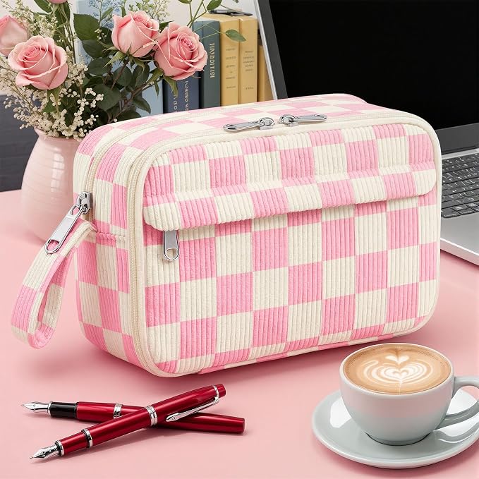 WOBAGMEN Cute Pencil Case,Large Corduroy Zippered Pencil Case Pouch, aesthetic Pencil Bag with Compartments（Pink Gingham）