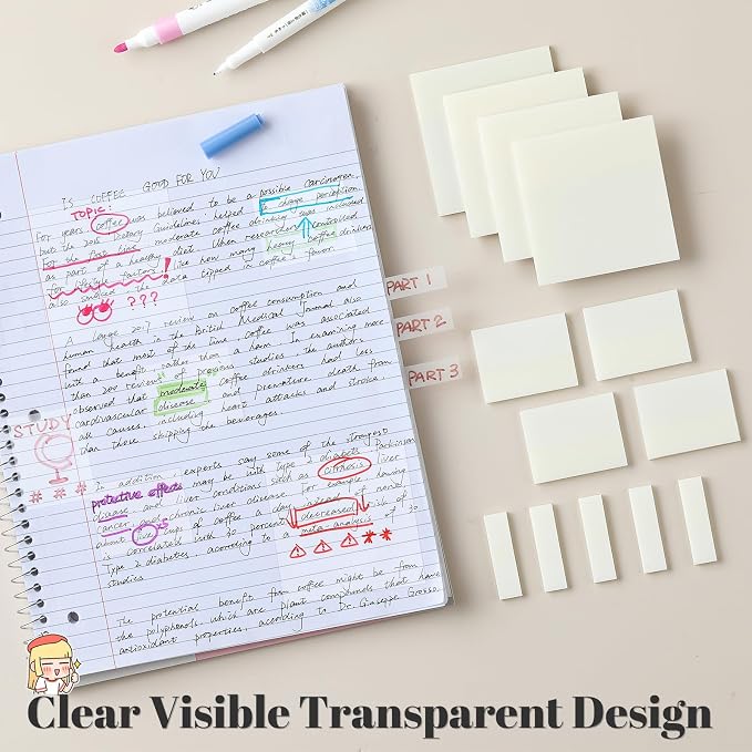 [650 Sheets] Transparent Sticky Notes, 3 Sizes Clear Sticky Notes Pads, Waterproof Self-Adhesive Translucent See Through Sticky Notes for Annotating Books,School & Office