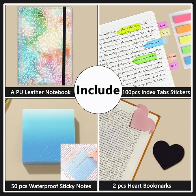A5 Leather Lined Journal Notebook, 200 Pages Hardcover Executive Notebook for Men Women Office School Note Taking, Thick Writing Paper Daily Journal with Bookmarks/Indexes, Colorful Mandala