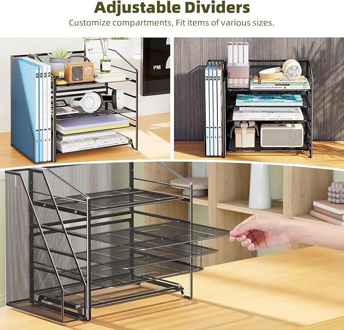 Simple Trending 5-Tier Desk File Organizer, Paper Organizer, Black | Adjustable Letter Trays, Side File Shelf，Durable Steel Mesh, Space Saving, for Home Office, 15.4"L x 9"W x 13"H
