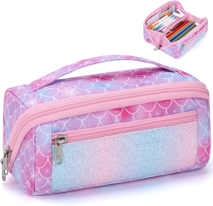 Large Pencil Case for Girls - Aesthetic Pencil Pouch for School | Kids Pencil Case & Wide Handle, Water Resistent Organizer Box,Fits 50 Pens & Markers, Daily Use, Glitter Pink Memarid