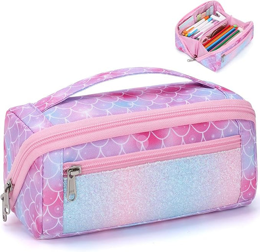 Large Pencil Case for Girls - Aesthetic Pencil Pouch for School | Kids Pencil Case & Wide Handle, Water Resistent Organizer Box,Fits 50 Pens & Markers, Daily Use, Glitter Pink Memarid