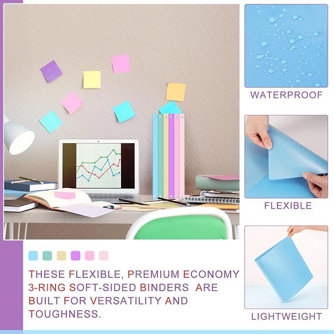 Fulmoon 6 Pack Plastic 3 Ring Binder Assorted Colors Economy Flexible Round Ring Presentation Binders with Pocket for Office School Meeting(0.5 Inch,Pastel Colors)