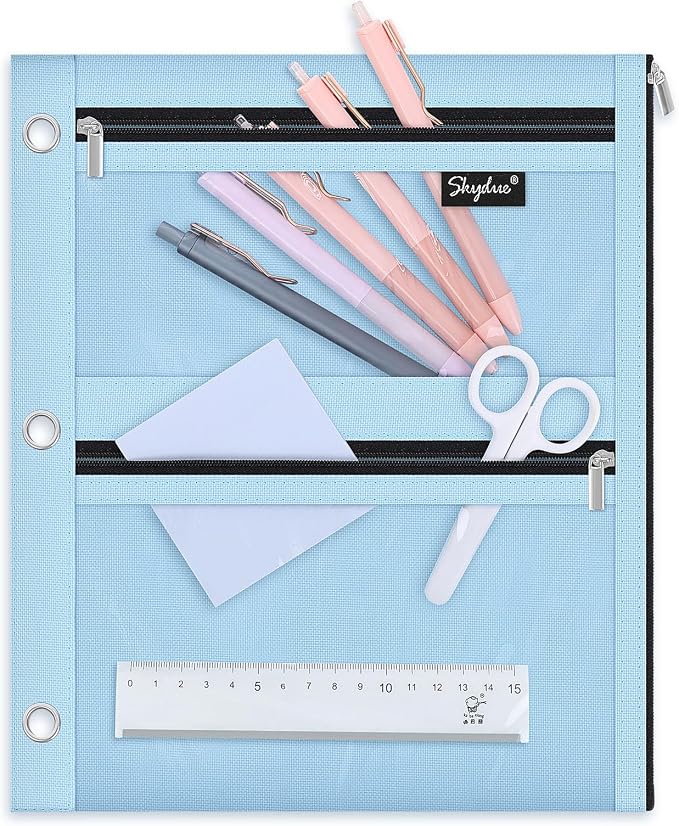 SKYDUE Binder Pencil Pouch for 3 Ring Binder, 3 Compartment Zipper Case, Large Capacity Pen Organizer with Clear PVC Window for School Supplies, Students, Kids & Teachers