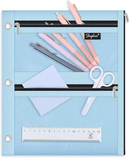 SKYDUE Binder Pencil Pouch for 3 Ring Binder, 3 Compartment Zipper Case, Large Capacity Pen Organizer with Clear PVC Window for School Supplies, Students, Kids & Teachers