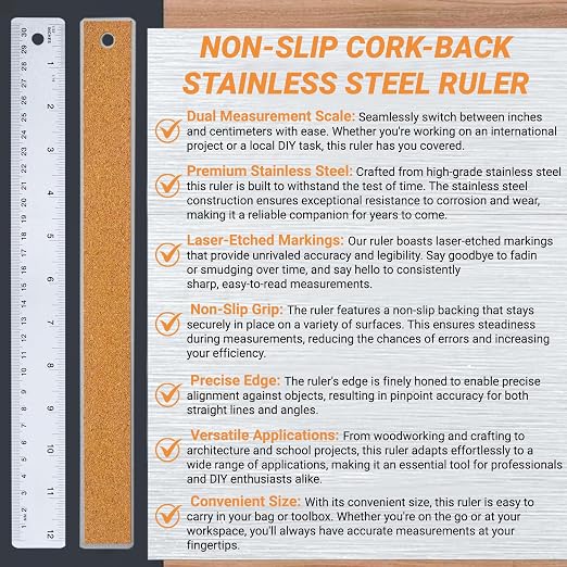 Stainless Steel Metal Ruler with Non-Slip Cork Back for Home Improvement, Planner Accessories, College School Supplies, Drafting Tools, Architecture Supplies, 30.5 Centimeters & 12 inches