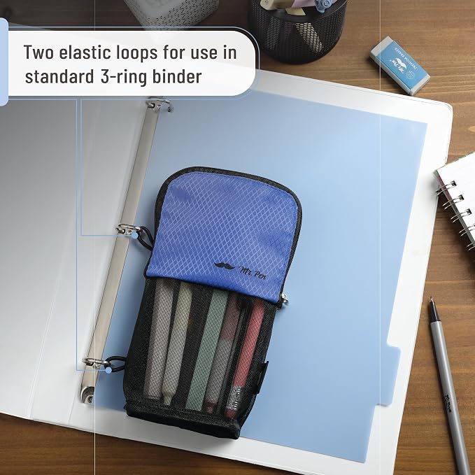 Mr. Pen- Standing Pencil Case Pouch, Sit & Lay Mesh-View Design | Black & Blue, Interior Pocket & 2 Elastic Binder Loops, Cute Pencil Case for Girls and Boys